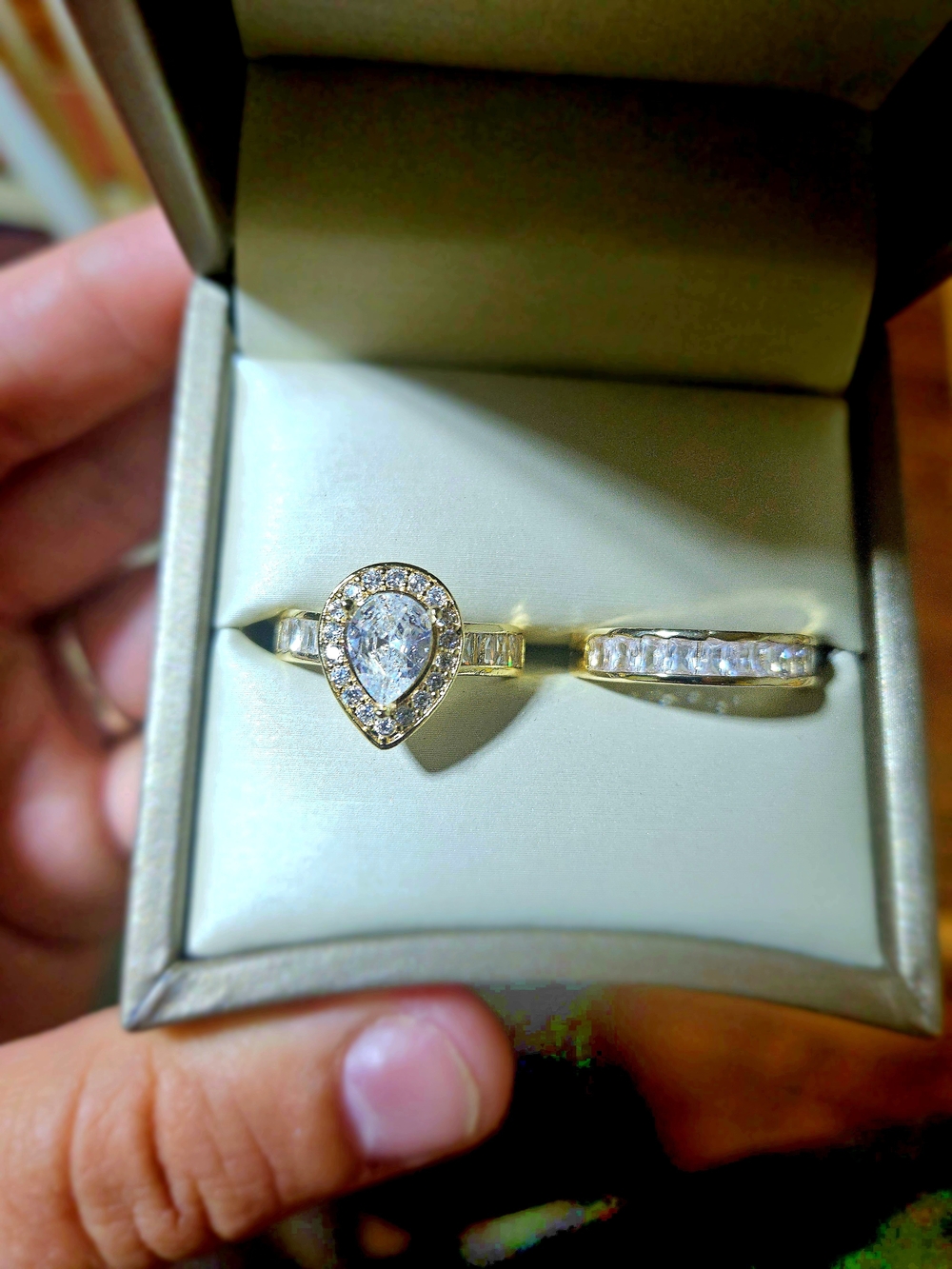Gold Filled-Pear Halo Engagement Ring Set with Matching Band